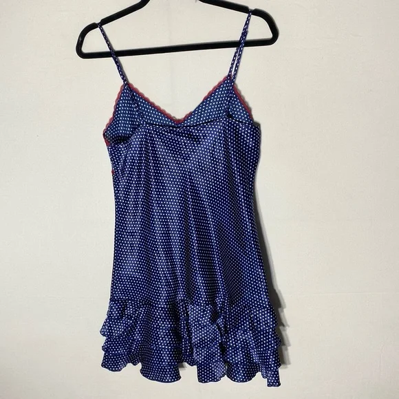 La Vie En Rose Blue Polka Dot Nightgown Sleep Dress Slip Dress W Ruffle Hem L - Picture 12 of 13